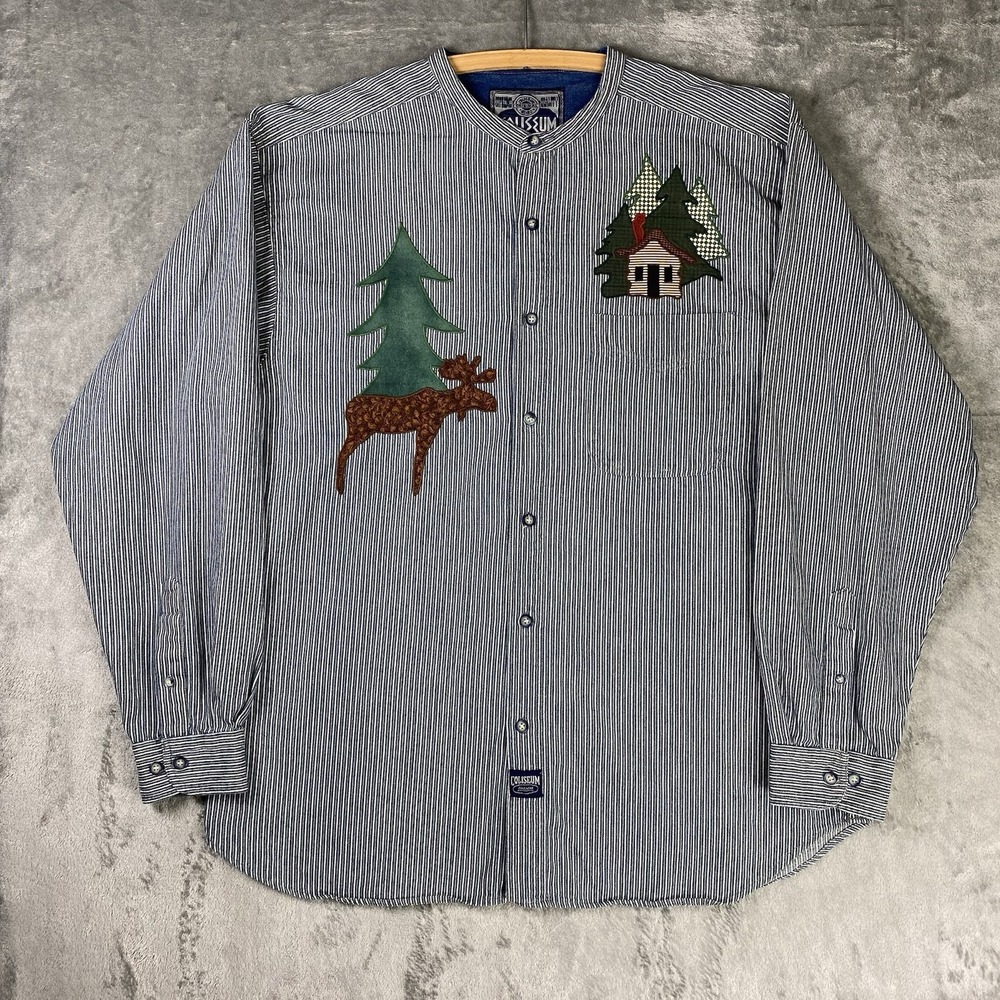 Vintage Coliseum Shirt Mens Size XL Blue Grandad Collar 90s Hickory Stripe Cabin
